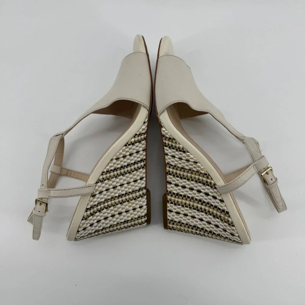 Cole Haan Maddie Ivory Leather T-Strap Woven Wedge Sandals W14877‎ Womens 9.5B